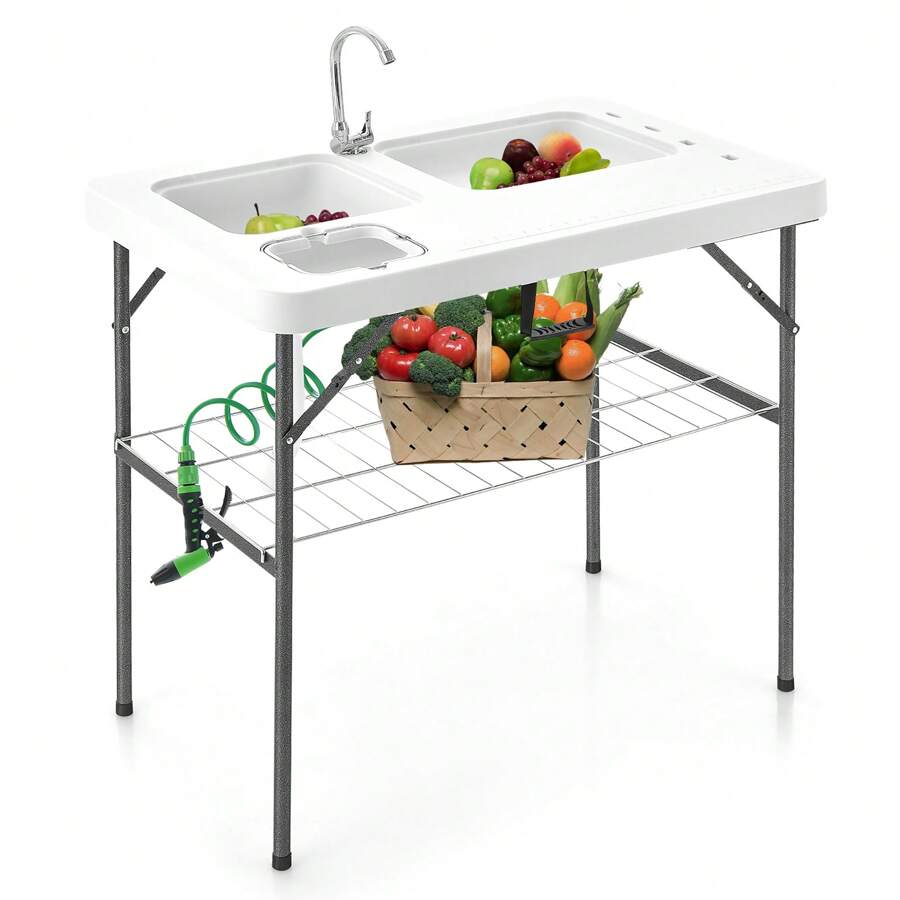 Homasis 2-In-1 Folding Fish Cleaning Table Portable Camping Table W/ Faucet White