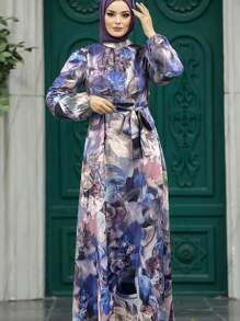 女款優雅花卉印花保守長洋裝，長袖繫腰夏季洋裝，適合度假、婚禮賓客、派對與秋季穿著 - 彩色 - 查看 2