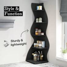 Rustic 5-Tier Wall Corner Bookshelf, Stylish Corner Small Bookcase Storage Rack Plant Stand With Unique Shape For Living Room, Home Office (1PC, Brown) - Black - View 8