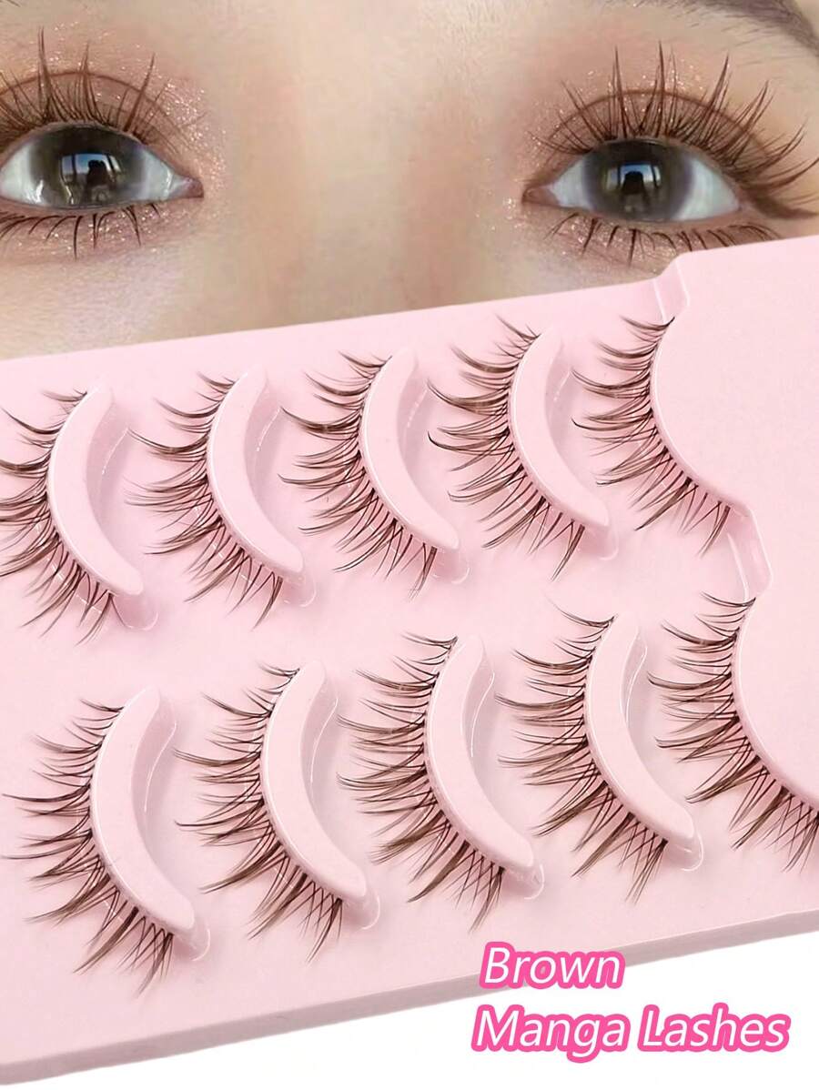Asiteo 5 Pairs Manga Lashes Brown False Eyelashes,Natural Look Wispy Soft Lash Extension Comic Eye Clear Band Reusable - Brown - View 1
