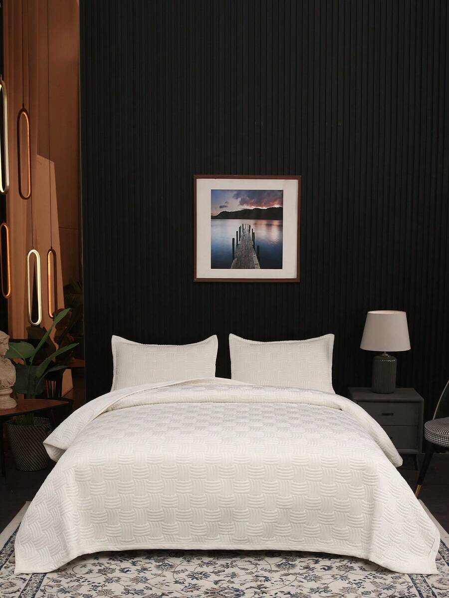 3pcs Luxury Elegant High-End Warm & Comfortable White Solid Color Quilted + Embroidered Multi-Purpose Bedspread Set (Can Be Used As Bedcover Or Blanket), Includes 1pc Bedspread + 2pcs Quilted Pillowcases (No Pillow Insert), Suitable For Bedroom, Living Room, Hotel, Dormitory