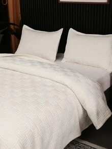 3pcs Luxury Elegant High-End Warm & Comfortable White Solid Color Quilted + Embroidered Multi-Purpose Bedspread Set (Can Be Used As Bedcover Or Blanket), Includes 1pc Bedspread + 2pcs Quilted Pillowcases (No Pillow Insert), Suitable For Bedroom, Living Room, Hotel, Dormitory