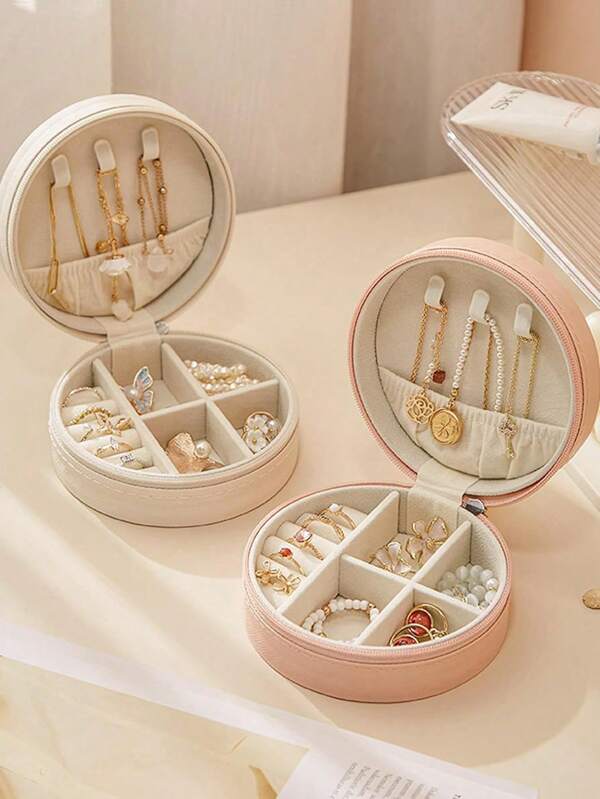 1pc Travel Jewelry Box, Portable Jewelry Case, PU Leather Small Jewelry Organizer For Women Girls, Portable Mini Travel Case Display Storage Holder Boxes For Stud Earrings, Rings, Necklaces, Bracelets,For Holiday Beach, Bathroom Collection, Bedroom Collection, Large Capacity