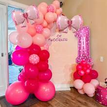 100个粉色小老鼠123456数字气球，适合2岁生日装饰，亮粉色玫瑰波点气球拱门套装，巨型蝴蝶结铝箔气球，粉色数字2气球塔，适合女宝宝派对、公主老鼠主题派对等。