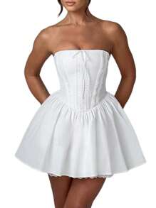 Women's Corset Mini Dress Strapless Lace Trim Solid Color Tube Top Dress Short Party Dress - 白色 - 查看 1