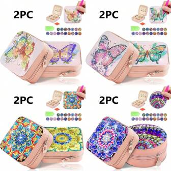 2 件 DIY 曼陀罗和蝴蝶钻石画女士珠宝旅行盒，迷你珠宝饰品盒，适用于戒指、项链、帆布收纳