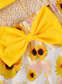 Kleine Mädchen Ärmellose Rüschen Saum Trägerhemd + Sonnenblumen Muster Schleife Dekor Shorts 2 Stücke Set