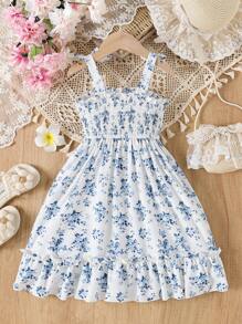 Flower Print Suspender Butterfly Ruffle Trim Young Girl's Dress