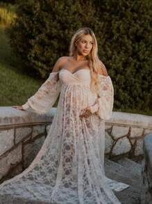Robe de grossesse en dentelle à manches lanternes, fente élevée, robe de photographie à encolure en V et épaules dénudées pour séance photo