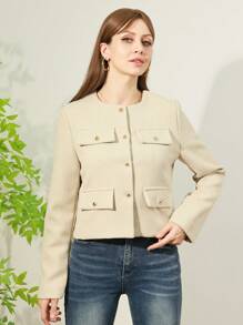 Women's Everyday Fashion Wear Tweed Jacket, Round Neckline Trim Long-Sleeved Solid Color Jacket