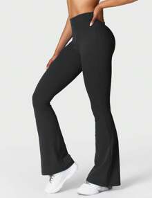 VOYJOY Scrunch Flare Leggings Daze V Back Butt Lifting Wide Leg High Waist 31.5" Gym Workout Yoga Pants - 黑色 - 查看 7