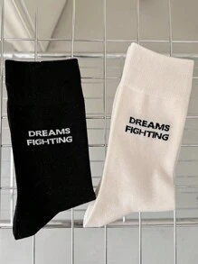 4 Pairs Women Classic Letter Pattern Casual School Daily Wear Sports Mid-Calf Socks