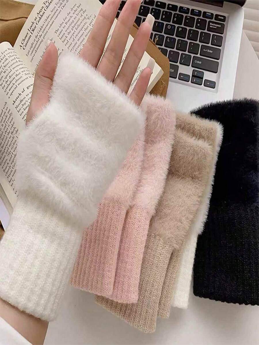 1/2 Pairs Women Fuzzy Solid Color Fingerless Gloves, Warm & Stretchy Knitted Wrist Mittens, Suitable For Autumn/Winter, Office, School, Writing - Multicolor - View 1