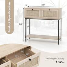 Homasis Console Table Entryway Table Long Sofa Side Table W/ Open Shelf & Rattan Drawers - Oak - View 2