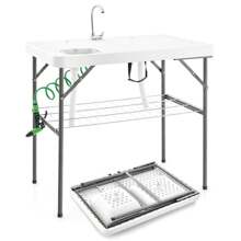 Homasis 2-In-1 Folding Fish Cleaning Table Portable Camping Table W/ Faucet White