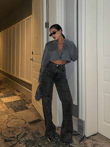 SQUALO Women's Sexy Dark Gray Wash Jeans With Glittery Leopard Pattern For Going Out - Dark Grey - View 4