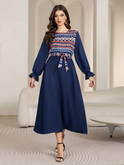 1 Piece Women's Casual Robe, Suitable For Daily Casual/Travel/Holiday/Vacation Wear. Women's Casual Printed Patchwork Round Neck Ruffle Sleeve Tie Dress, Round Neck Printed Loose Long Dress, Modest