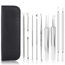 9 PCS Pimple Popper Tool Kit – Blackhead Extractors With 16-Heads & Tweezers For Nose & Face