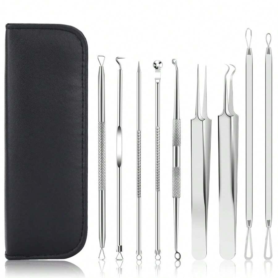9 PCS Pimple Popper Tool Kit – Blackhead Extractors With 16-Heads & Tweezers For Nose & Face