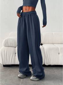 Women's Casual Loose Solid Color Elastic Waist Sweatpants With Pockets - Dusty Blue - View 5