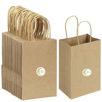 10 个星月牛皮纸袋，礼品袋，带手柄的礼品包装袋，适用于牛皮纸礼品袋、节日、新年、婚礼、生日糖果袋、派对礼品袋