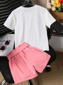 Tween Girls Slogan & Floral Print Short Sleeve T-Shirt And Paper Waist Elastic Shorts Casual 2 Pieces Set