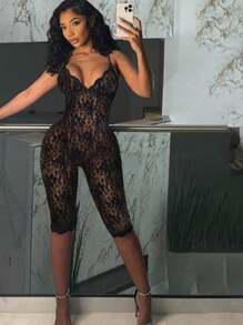 Women Lace Lingerie Jumpsuits Sleeveless Deep V-Neck Sheer Bodycon Back Cross Sleepwear - màu đen - Xem 3