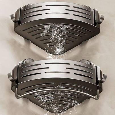 1个三角形吸盘式浴室收纳架，无需钻孔即可壁挂安装