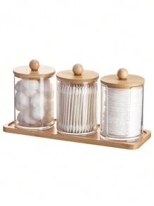 4pcs Cotton Swab Holder Set - Bathroom Storage Organizer, Round Toothpick Holder, With Bamboo Tray, Transparent Pill Bottle With Lid, Cotton Swab Dispenser