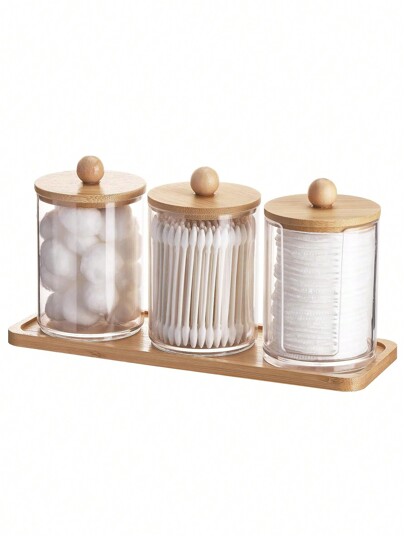 4 Packs Qtip Rack - Bathroom Organizer And Storage, Round Rack Dental Floss Pick Holder Ball Holder With Bamboo Tray, Clear Medicine Bottle With Lid, Swab Dispenser Set
