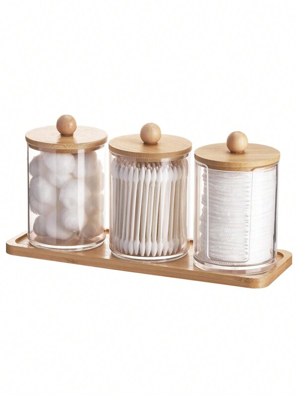 4 Pacotes Qtip Rack - Organizador e Armazenamento de Banheiro, Suporte Redondo para Fio Dental, Suporte para Bolas com Bandeja de Bambu, Frasco de Medicamento Transparente com Tampa, Conjunto de Dispensador de Cotonete