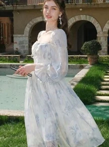 Floral Print Square Neck Dress, Elegant Ruffle Hem, Long Sleeve French Dresses - Màu xanh lam - Xem 1