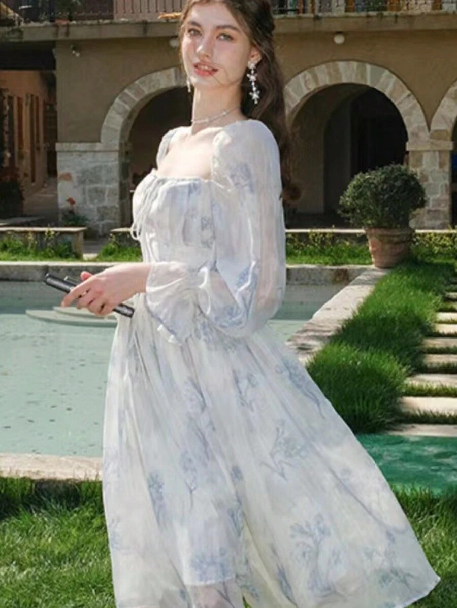 Floral Print Square Neck Dress, Elegant Ruffle Hem, Long Sleeve French Dresses - Màu xanh lam - Xem 1