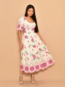 Helena Luxury Midi Dress Lese Embroidered Cotton Short Sleeve - Màu Hoa hồng đỏ - Xem 1