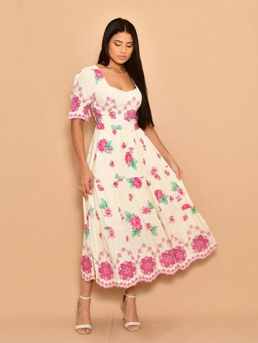 Helena Luxury Midi Dress Lese Embroidered Cotton Short Sleeve - Màu Hoa hồng đỏ - Xem 1