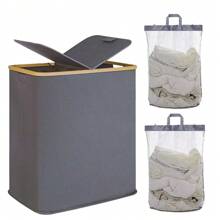 Laundry Basket With Lid, Bamboo Handle Laundry Basket And Removable Laundry Bag, Large Foldable Laundry Basket For Bedroom, Bathroom, Dorm, Laundry Room Laundry Hamper, Washing Basket Bathroom Organizer, Basket, Storage Basket, Foldable Laundry Basket
