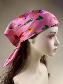 1pc Women's Y2K Eye, Heart, Skull, Snake, Cat Print Elegant Satin Neckerchief Headscarf, Suitable For Dresses - Pink - View 2