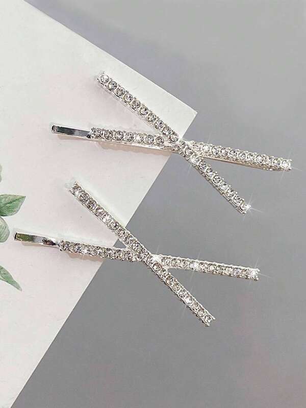 2pcs/4pcs Silver Rhinestone X-Shaped Hair Clips, Minimalist One-Piece Bangs Clips, Personalized Side Clips For Hairline & Nape Hair, Looks Of Party