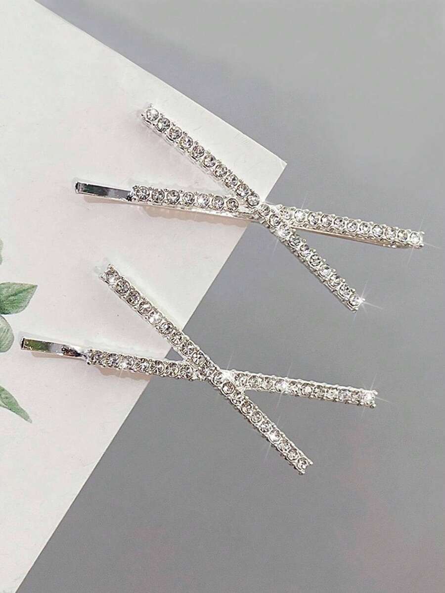 2pcs/4pcs Silver Rhinestone X-Shaped Hair Clips, Minimalist One-Piece Bangs Clips, Personalized Side Clips For Hairline & Nape Hair, Looks Of Party, Hair Accessories