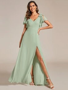 Chiffon Split Thigh Ruffle Trim Bow Shoulder Bridesmaid Dress - Mint Green - View 5