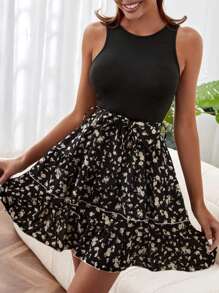 Mujer Floral Color Block Multi Layered Vest Cami Dresses - Negro - Ver 1