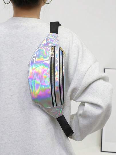 Women's Holographic Waist Bag PU Shiny Faux Leather Chest Bag Multi-Function Colorful Shoulder Crossbody Bag