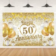 1 pièce, décoration de toile de fond pour le 50e anniversaire de mariage, blanc et or, "Happy 50th Anniversary" (50e anniversaire de mariage heureux), toile de fond dorée pour photographie, utilisée pour la décoration de la fête du 50e anniversaire de mariage, décoration de la maison, décoration de la pièce, studio de photographie.