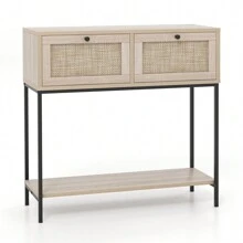 Homasis Console Table Entryway Table Long Sofa Side Table W/ Open Shelf & Rattan Drawers - Oak - View 9