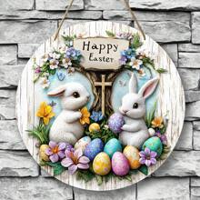 1pc Rustic Easter Sign With Bunnies And Eggs - Round Wooden Wall Hanging Decor, Spring Door Wreath, Farmhouse Porch Decoration Gifts Birthday Graduation