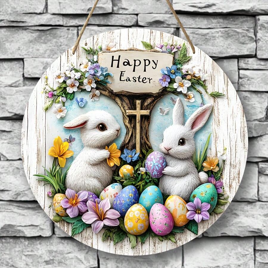 1pc Rustic Easter Sign With Bunnies And Eggs - Round Wooden Wall Hanging Decor, Spring Door Wreath, Farmhouse Porch Decoration Gifts Birthday Graduation