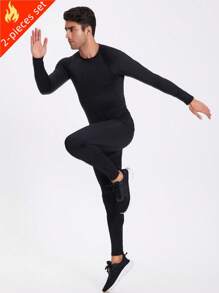 4-Piece Set Classic Slim-Fit Underwear Sports Base Layer Top And Leggings, 4-Way Stretch, Quick-Dry, Moisture-Wicking, Breathable Fabric For Gym, Indoor/Outdoor Fitness Exercises - Black - View 1