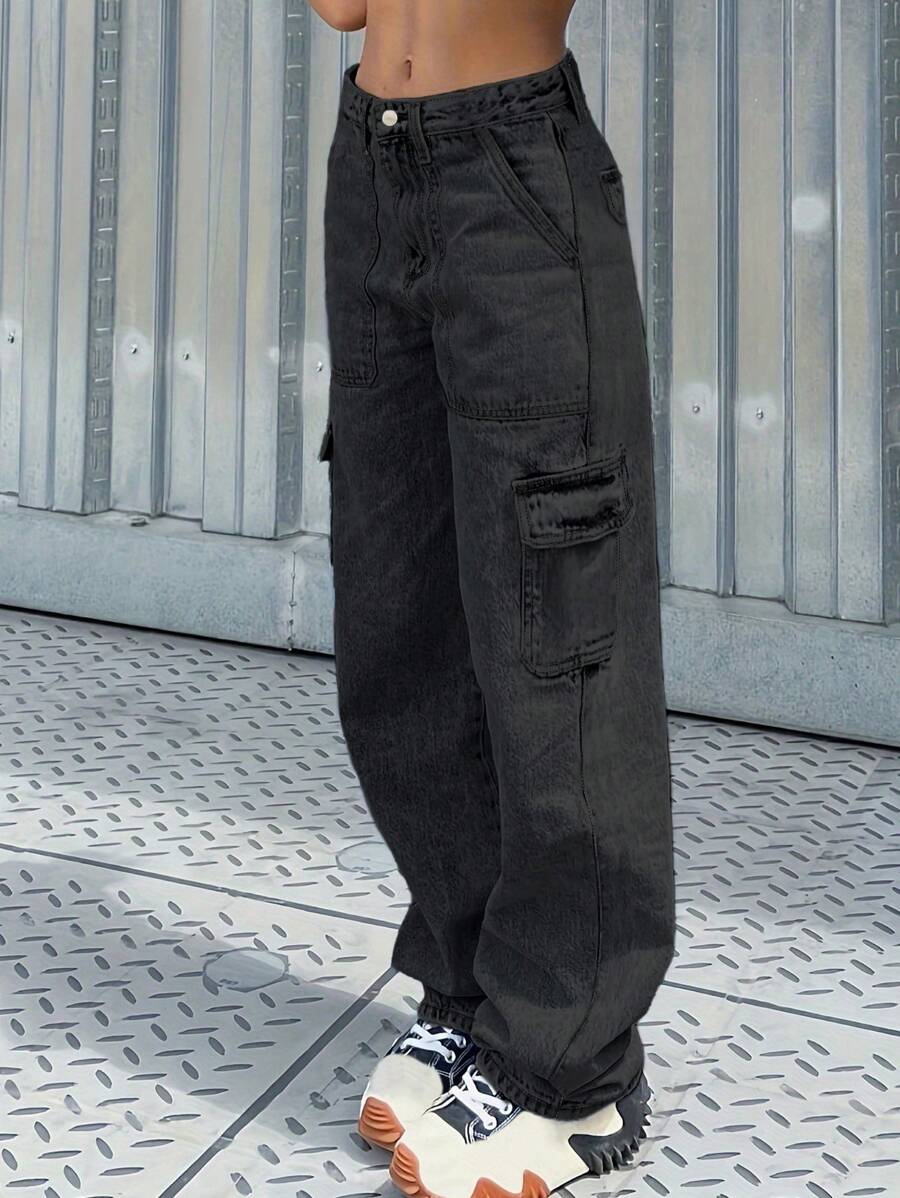 Jeans de mezclilla negro tipo cargo, versátil y súper cool para mujer, para todas las estaciones - Negro - Ver 1