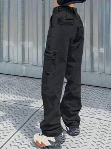 Jeans de mezclilla negro tipo cargo, versátil y súper cool para mujer, para todas las estaciones - Negro - Ver 2