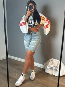 Women Street Style Raw Hem Denim Bermuda Shorts Retro Ripped Mid-Length Casual Fashion Blue Bermuda Shorts For Summer - 淺色水洗藍 - 查看 6